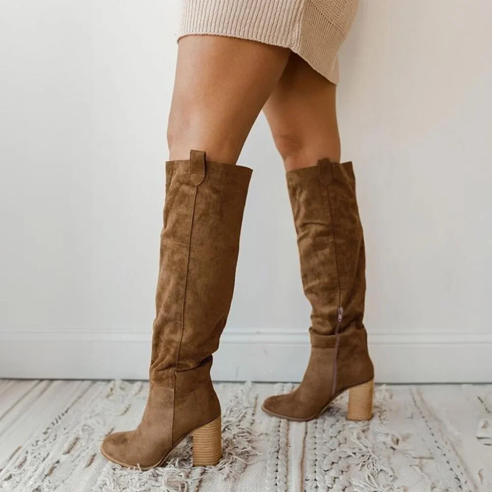 Women's 1 Khaki Suede Knee-high Boots Fall Boot Chunky Block High Heel
